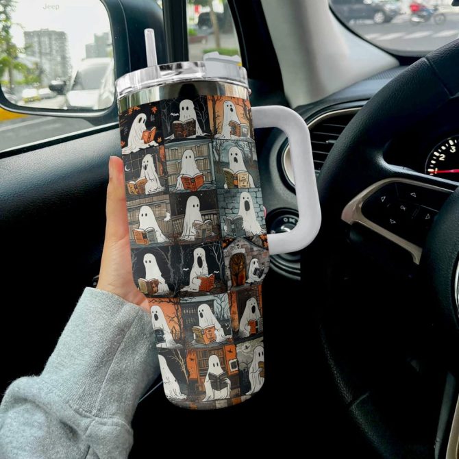 Halloween Ghostly Book Club Custom Stanley Quencher 40Oz Stainless Steel Tumbler With Handle - Image 3