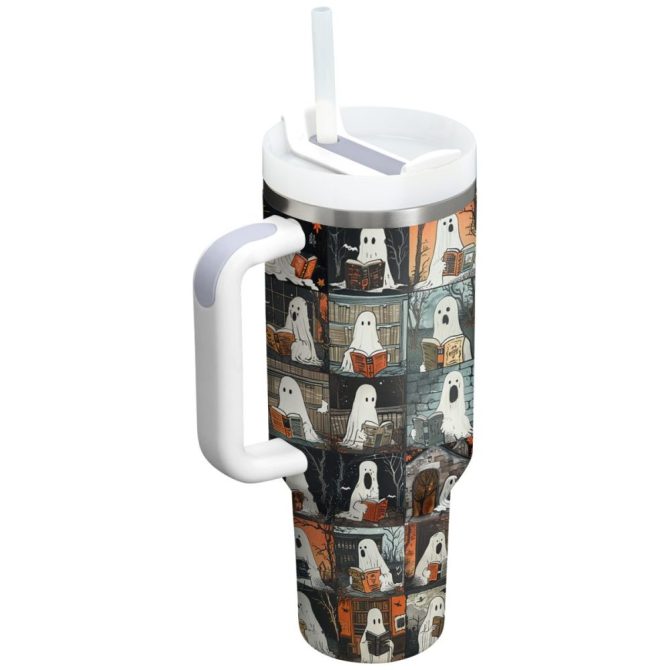 Halloween Ghostly Book Club Custom Stanley Quencher 40Oz Stainless Steel Tumbler With Handle - Image 6