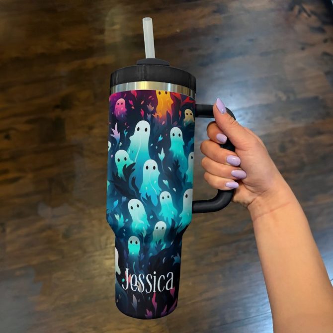 Halloween Ghostly Glow Custom Stanley Quencher 40Oz Stainless Steel Tumbler With Handle - Image 3