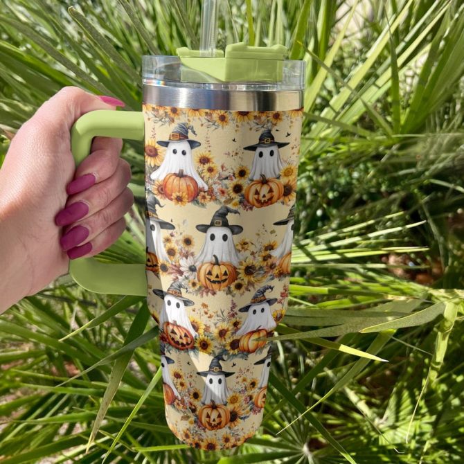 Halloween Ghostly Harvest Custom Stanley Quencher 40Oz Stainless Steel Tumbler With Handle - Image 2