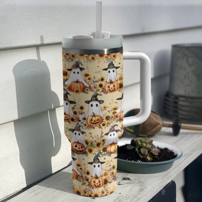 Halloween Ghostly Harvest Custom Stanley Quencher 40Oz Stainless Steel Tumbler With Handle - Image 4