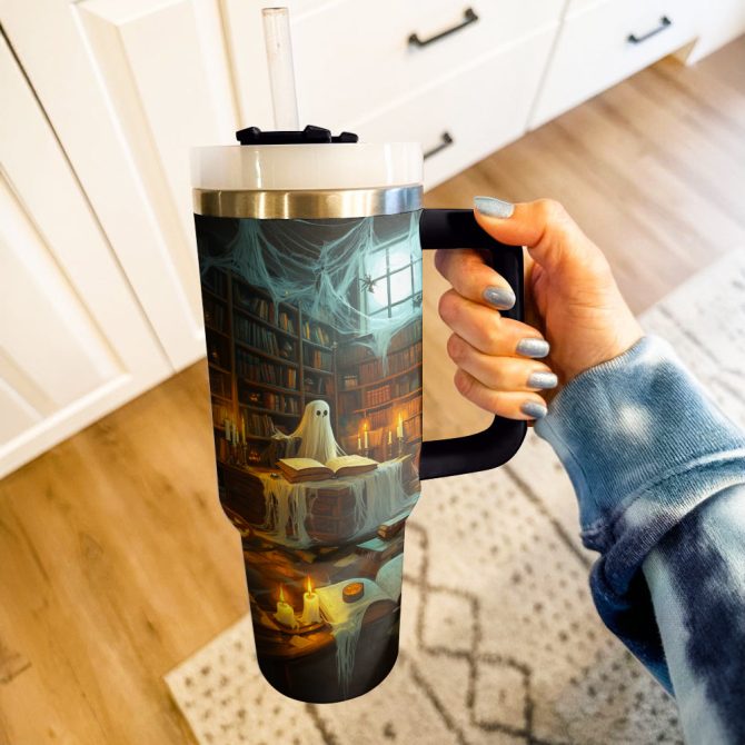 Halloween Ghostly Library Custom Stanley Quencher 40Oz Stainless Steel Tumbler With Handle - Image 2