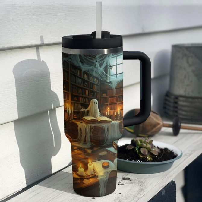 Halloween Ghostly Library Custom Stanley Quencher 40Oz Stainless Steel Tumbler With Handle - Image 4