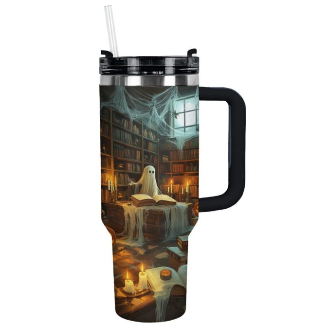 Halloween Ghostly Library Custom Stanley Quencher 40Oz Stainless Steel Tumbler With Handle