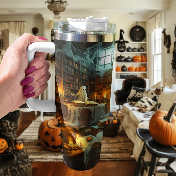Halloween Ghostly Library Custom Stanley Quencher 40Oz Stainless Steel Tumbler With Handle - Image 3