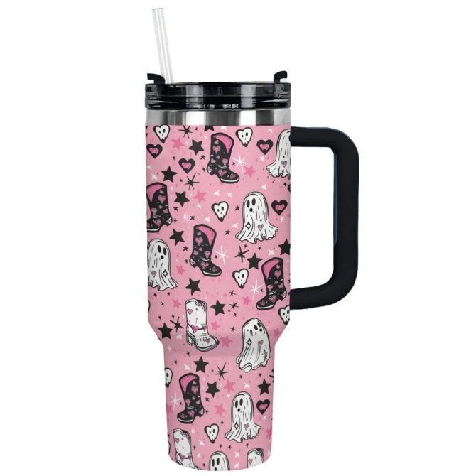 Halloween Ghostly Pink Cowgirl Custom Stanley Quencher 40Oz Stainless Steel Tumbler With Handle - Image 13