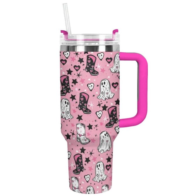 Halloween Ghostly Pink Cowgirl Custom Stanley Quencher 40Oz Stainless Steel Tumbler With Handle - Image 11