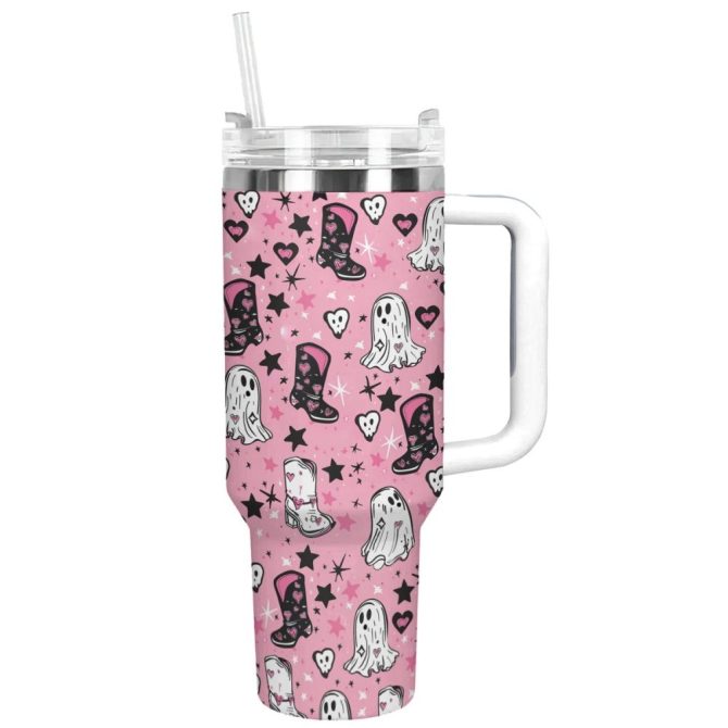 Halloween Ghostly Pink Cowgirl Custom Stanley Quencher 40Oz Stainless Steel Tumbler With Handle - Image 12