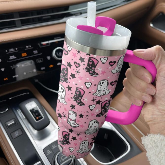 Halloween Ghostly Pink Cowgirl Custom Stanley Quencher 40Oz Stainless Steel Tumbler With Handle - Image 3