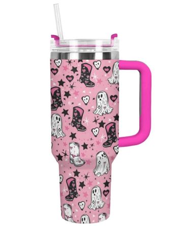 Halloween Ghostly Pink Cowgirl Custom Stanley Quencher 40Oz Stainless Steel Tumbler With Handle