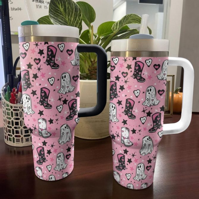 Halloween Ghostly Pink Cowgirl Custom Stanley Quencher 40Oz Stainless Steel Tumbler With Handle - Image 4