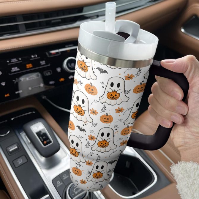 Halloween Ghosts And Pumpkins Custom Stanley Quencher 40Oz Stainless Steel Tumbler With Handle - Image 2
