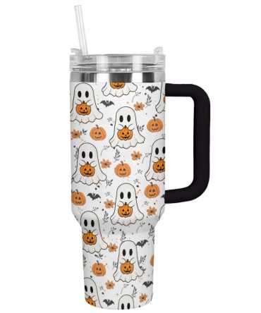Halloween Ghosts And Pumpkins Custom Stanley Quencher 40Oz Stainless Steel Tumbler With Handle