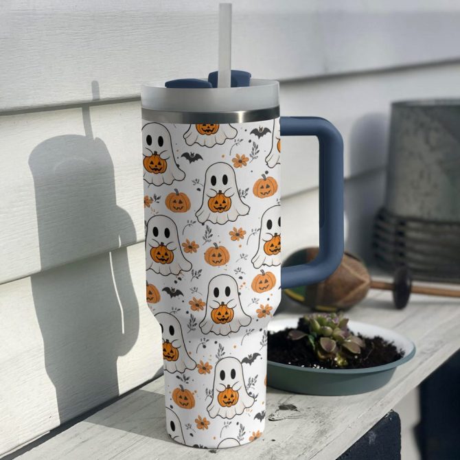 Halloween Ghosts And Pumpkins Custom Stanley Quencher 40Oz Stainless Steel Tumbler With Handle - Image 3