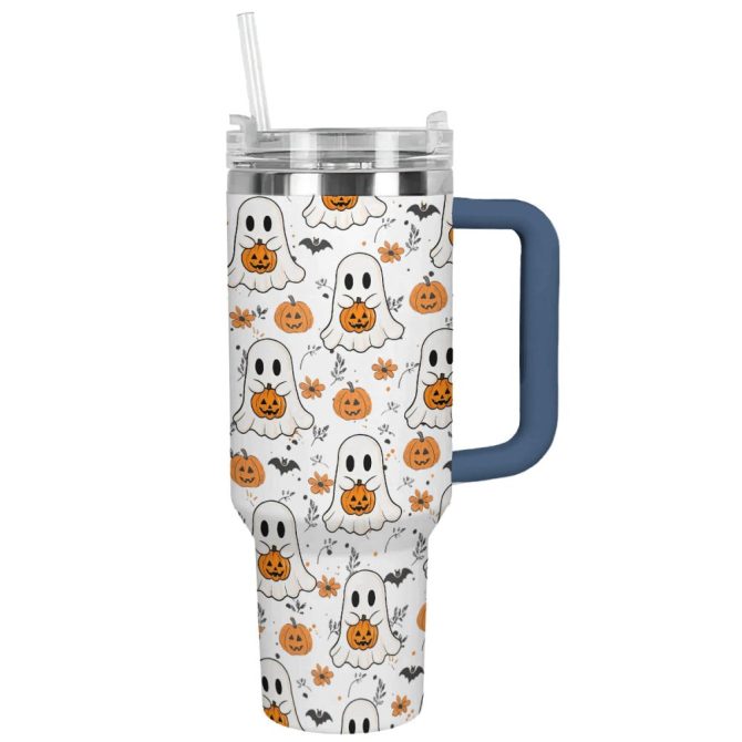 Halloween Ghosts And Pumpkins Custom Stanley Quencher 40Oz Stainless Steel Tumbler With Handle - Image 12