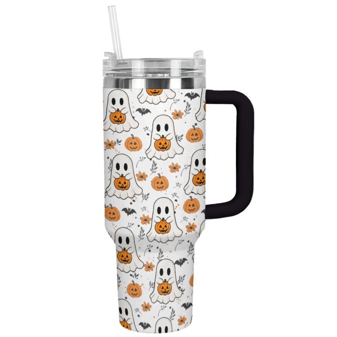 Halloween Ghosts And Pumpkins Custom Stanley Quencher 40Oz Stainless Steel Tumbler With Handle - Image 10