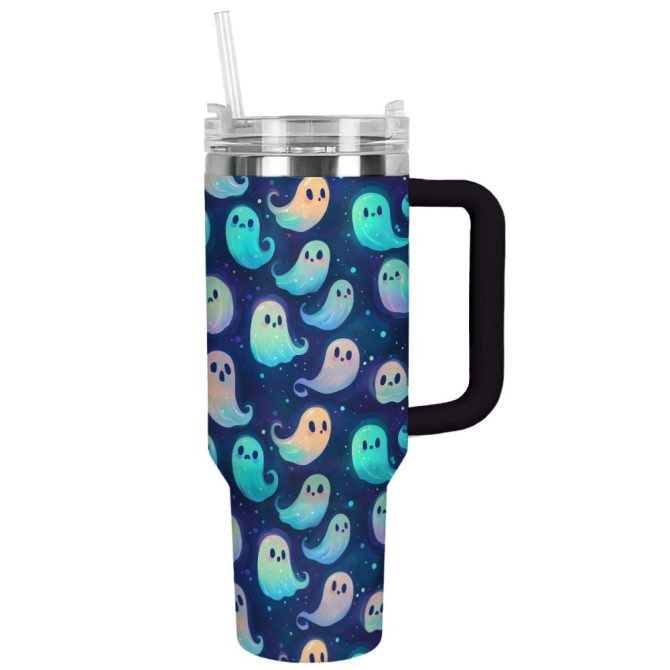Halloween Glowing Ghosts Custom Stanley Quencher 40Oz Stainless Steel Tumbler With Handle