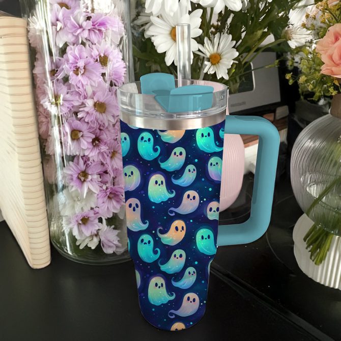 Halloween Glowing Ghosts Custom Stanley Quencher 40Oz Stainless Steel Tumbler With Handle - Image 4