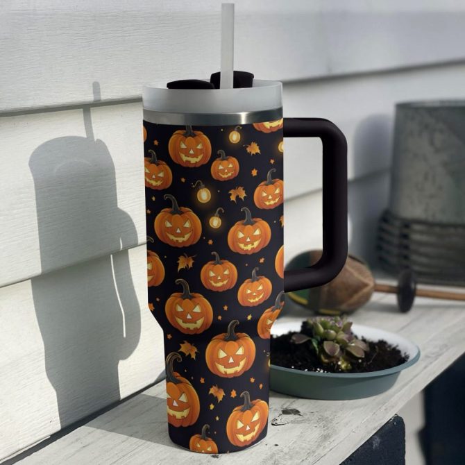 Halloween Glowing Pumpkinscustom Stanley Quencher 40Oz Stainless Steel Tumbler With Handle - Image 4