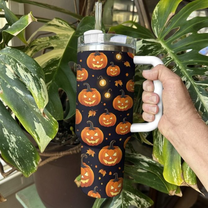 Halloween Glowing Pumpkinscustom Stanley Quencher 40Oz Stainless Steel Tumbler With Handle - Image 3