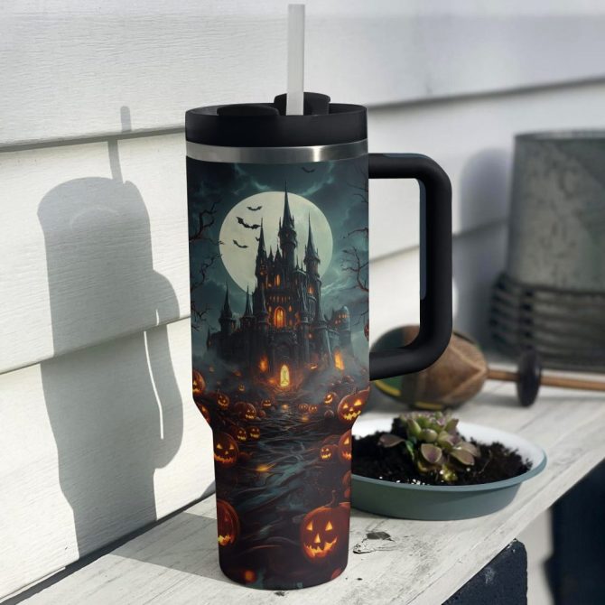 Halloween Haunted Castle Custom Stanley Quencher 40Oz Stainless Steel Tumbler With Handle - Image 3