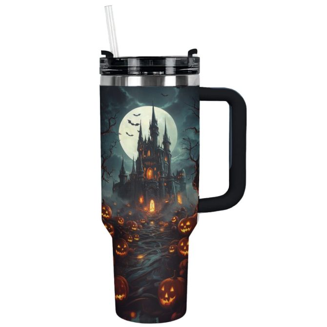 Halloween Haunted Castle Custom Stanley Quencher 40Oz Stainless Steel Tumbler With Handle