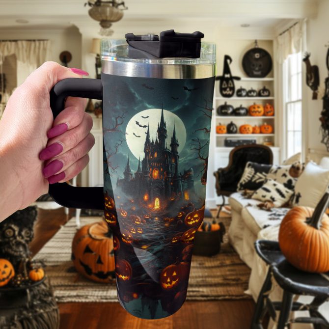 Halloween Haunted Castle Custom Stanley Quencher 40Oz Stainless Steel Tumbler With Handle - Image 2