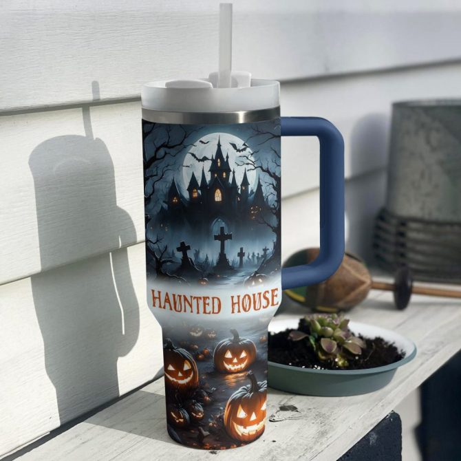 Halloween Haunted House Custom Stanley Quencher 40Oz Stainless Steel Tumbler With Handle - Image 3