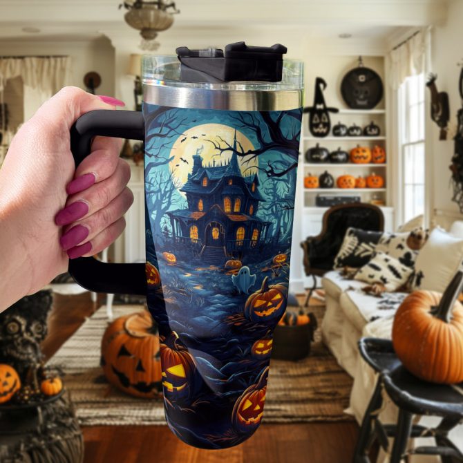 Halloween Haunted House Custom Stanley Quencher 40Oz Stainless Steel Tumbler With Handle - Image 2