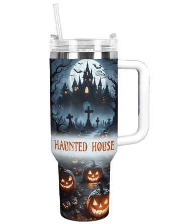 Halloween Haunted House Custom Stanley Quencher 40Oz Stainless Steel Tumbler With Handle