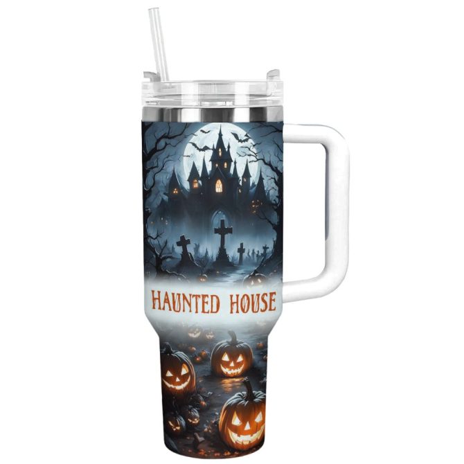 Halloween Haunted House Custom Stanley Quencher 40Oz Stainless Steel Tumbler With Handle