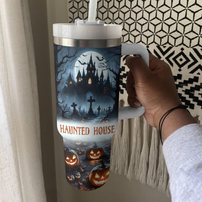 Halloween Haunted House Custom Stanley Quencher 40Oz Stainless Steel Tumbler With Handle - Image 2