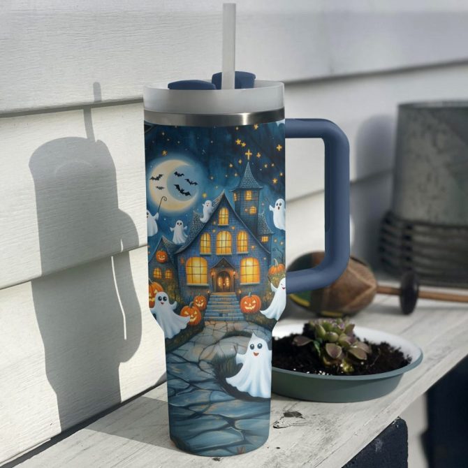 Halloween Haunted House Custom Stanley Quencher 40Oz Stainless Steel Tumbler With Handle - Image 2