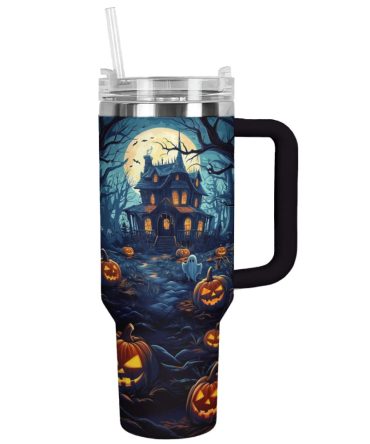 Halloween Haunted House Custom Stanley Quencher 40Oz Stainless Steel Tumbler With Handle
