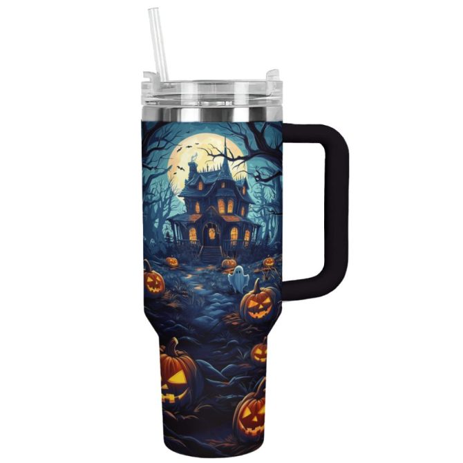 Halloween Haunted House Custom Stanley Quencher 40Oz Stainless Steel Tumbler With Handle