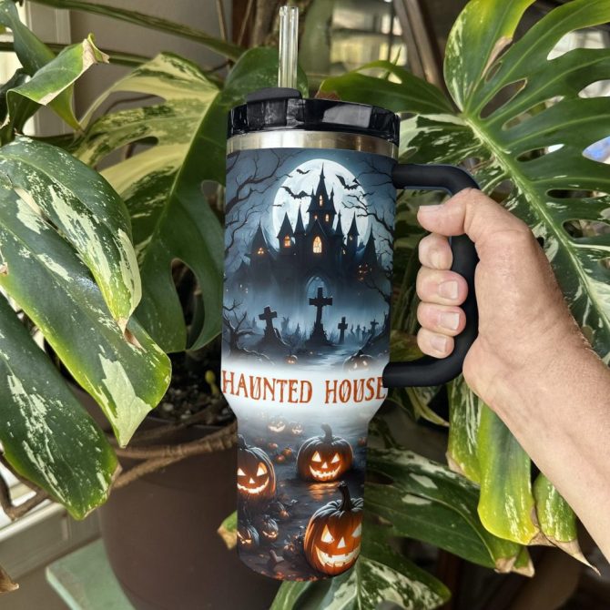 Halloween Haunted House Custom Stanley Quencher 40Oz Stainless Steel Tumbler With Handle - Image 4