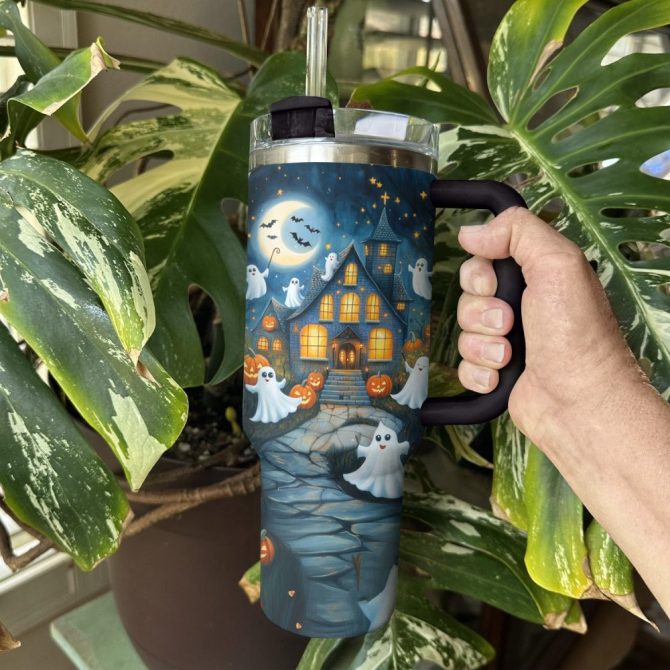 Halloween Haunted House Custom Stanley Quencher 40Oz Stainless Steel Tumbler With Handle - Image 3