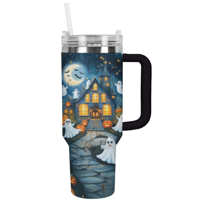 Halloween Haunted House Custom Stanley Quencher 40Oz Stainless Steel Tumbler With Handle - Image 12