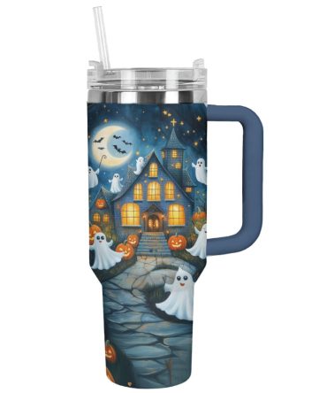 Halloween Haunted House Custom Stanley Quencher 40Oz Stainless Steel Tumbler With Handle