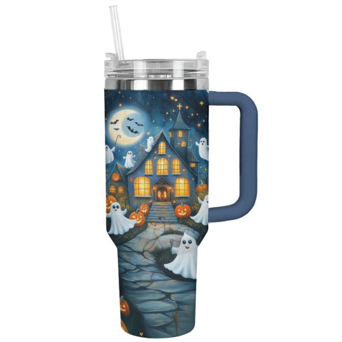 Halloween Haunted House Custom Stanley Quencher 40Oz Stainless Steel Tumbler With Handle