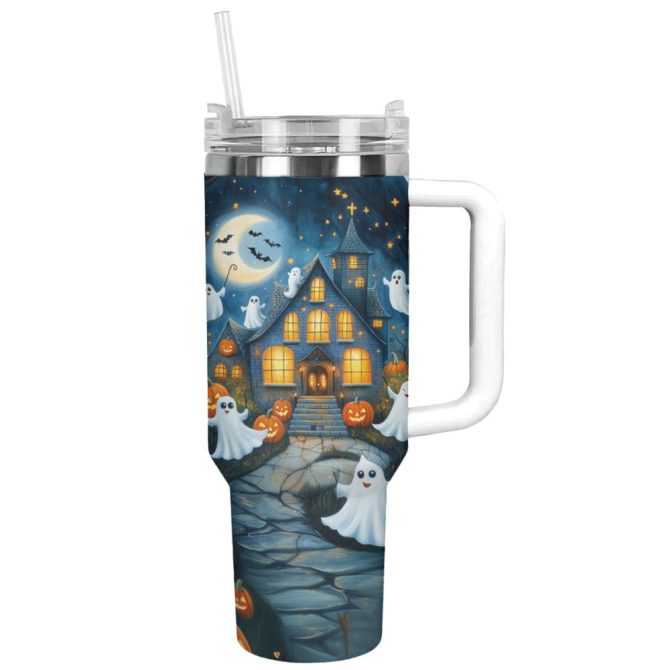 Halloween Haunted House Custom Stanley Quencher 40Oz Stainless Steel Tumbler With Handle - Image 13
