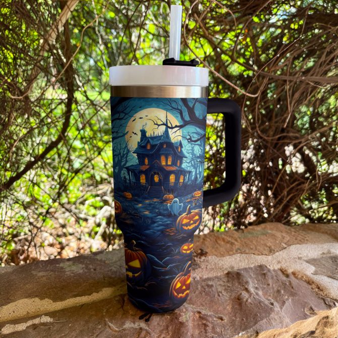 Halloween Haunted House Custom Stanley Quencher 40Oz Stainless Steel Tumbler With Handle - Image 3