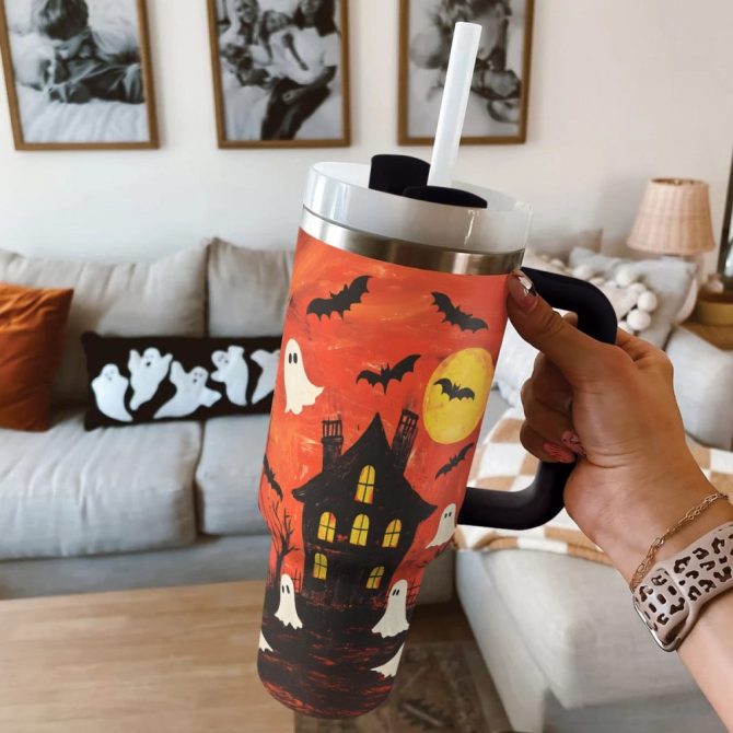 Halloween Haunted Night Custom Stanley Quencher 40Oz Stainless Steel Tumbler With Handle - Image 2