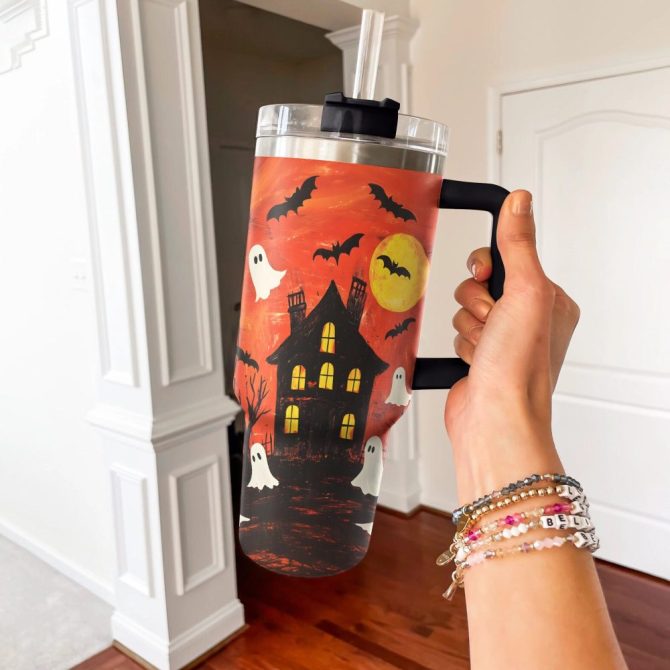 Halloween Haunted Night Custom Stanley Quencher 40Oz Stainless Steel Tumbler With Handle - Image 4