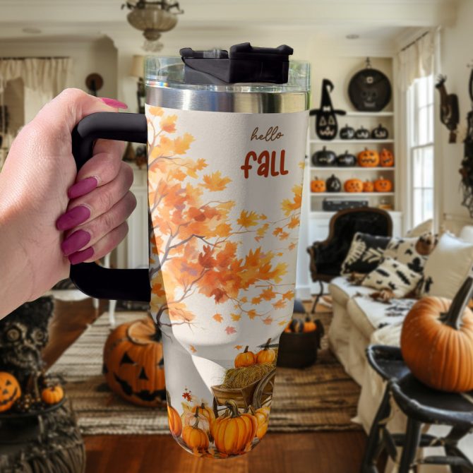 Halloween Hello Fall Custom Stanley Quencher 40Oz Stainless Steel Tumbler With Handle - Image 3