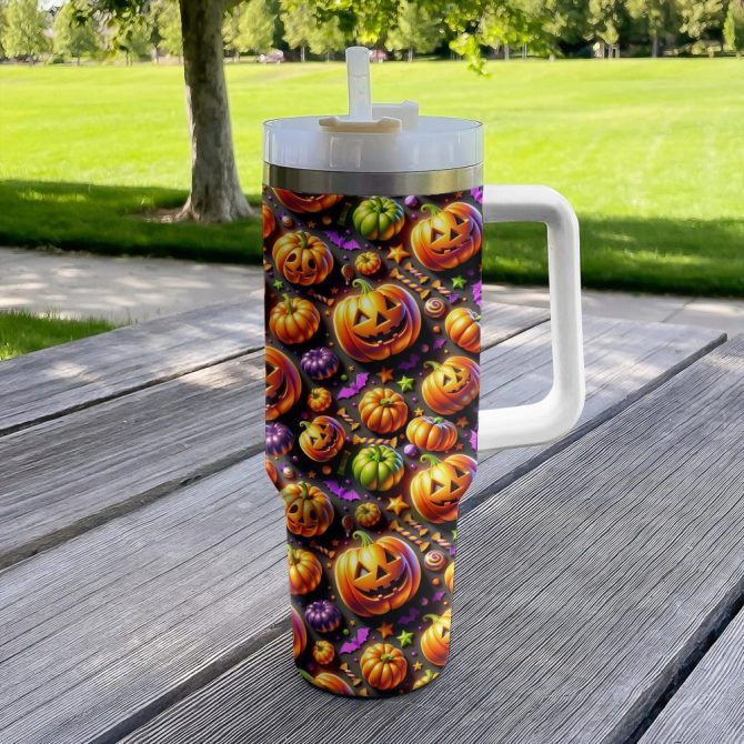 Halloween Jack-O #8217;-Lantern Delight Custom Stanley Quencher 40Oz Stainless Steel Tumbler With Handle - Image 4