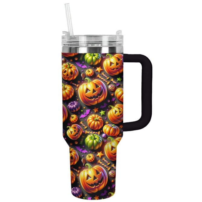 Halloween Jack-O #8217;-Lantern Delight Custom Stanley Quencher 40Oz Stainless Steel Tumbler With Handle
