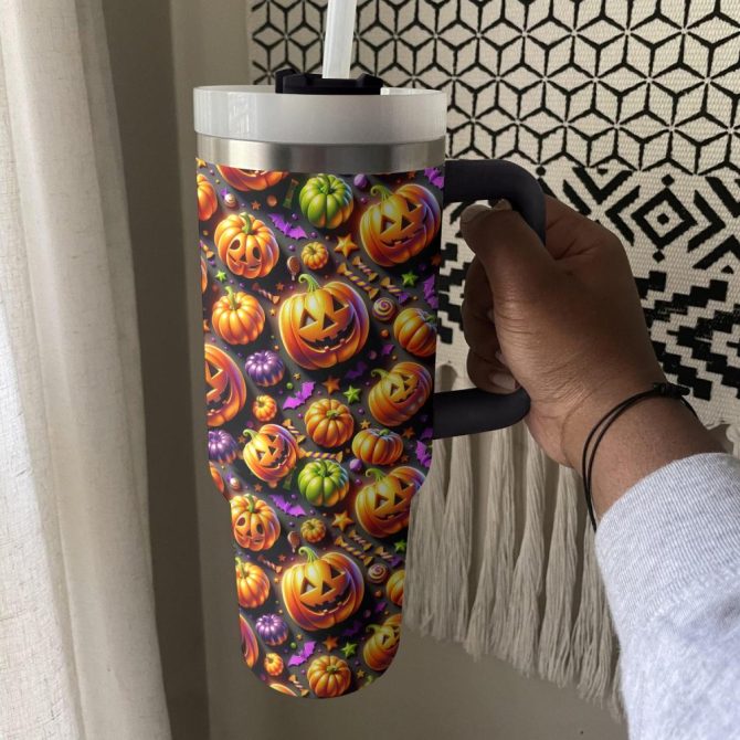 Halloween Jack-O #8217;-Lantern Delight Custom Stanley Quencher 40Oz Stainless Steel Tumbler With Handle - Image 2