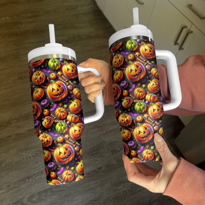 Halloween Jack-O #8217;-Lantern Delight Custom Stanley Quencher 40Oz Stainless Steel Tumbler With Handle - Image 3
