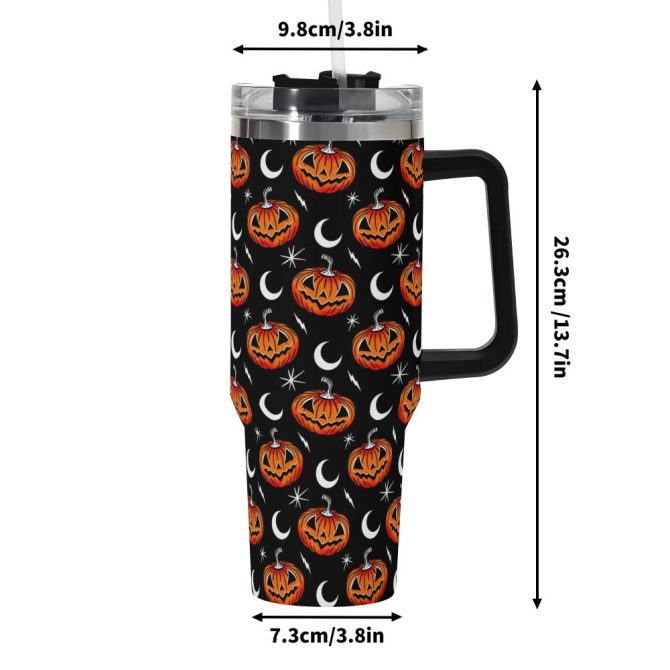 Halloween Jack-O #8217;-Lantern Moon Custom Stanley Quencher 40Oz Stainless Steel Tumbler With Handle - Image 6